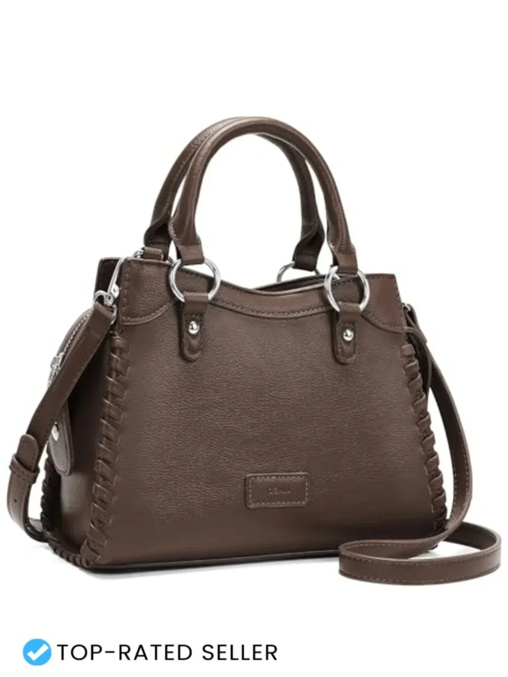 Faux Leather Medium Satchel Purse with Braided Trim, Detachable Strap, Multiple